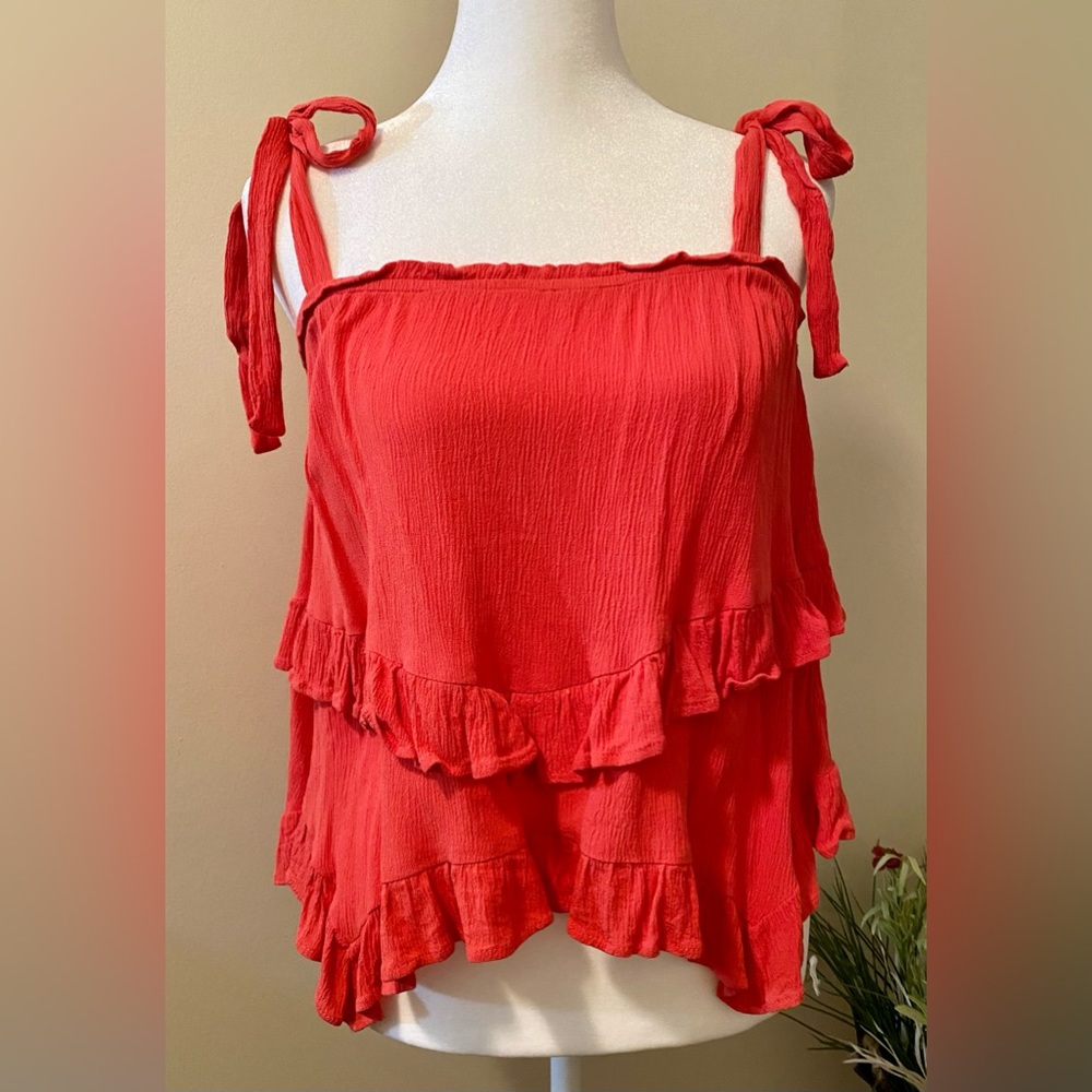 Lelis coral/orange flowy shoulder tie blouse; small; worn once;perfect condition